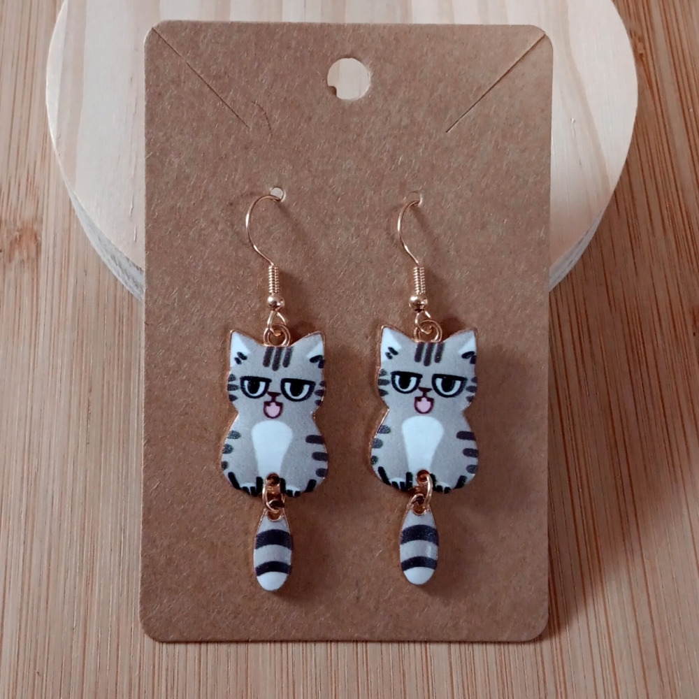 Cute Gray Cat Dangle Earrings New!